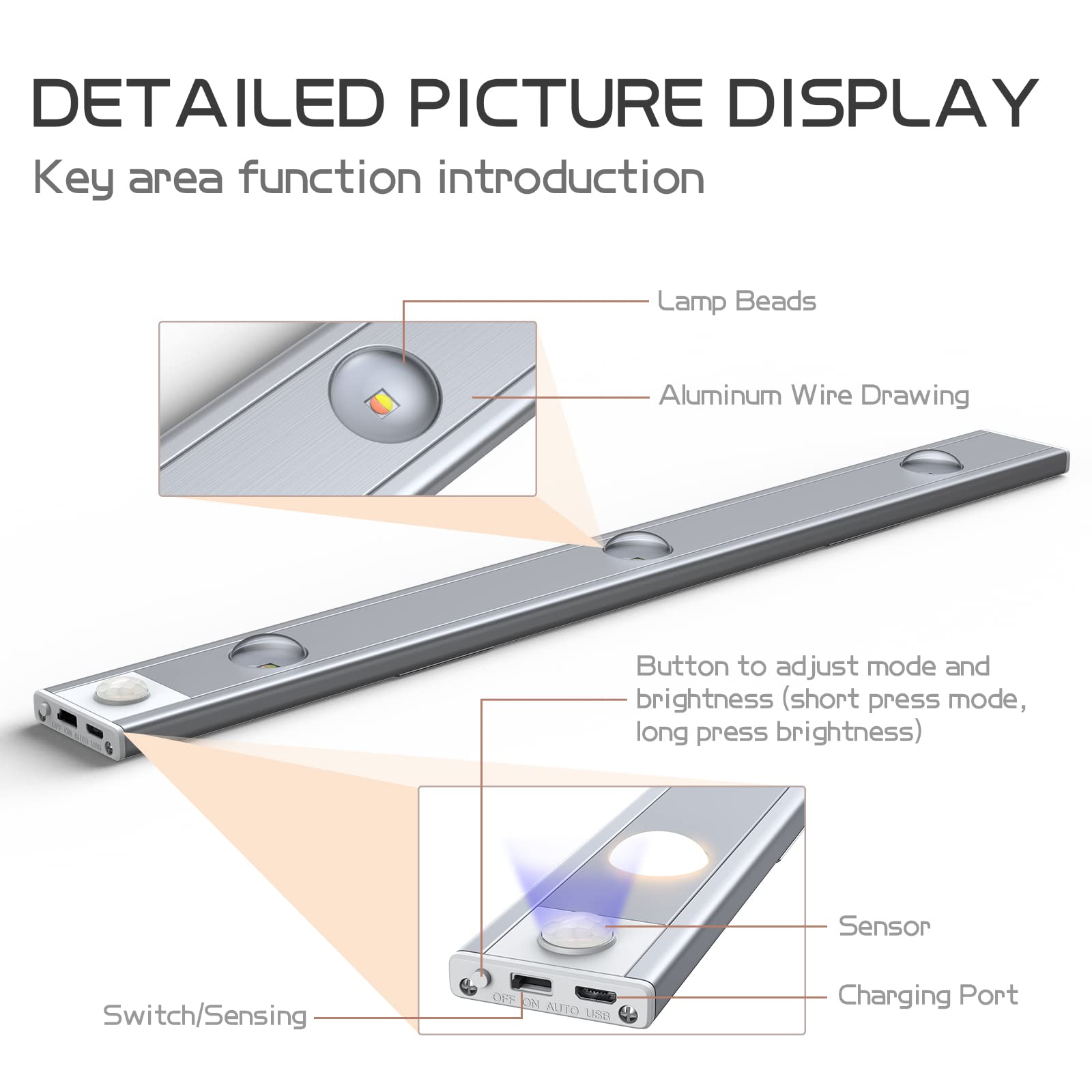 ELEPHANTBOAT Motion Sensor Light for Home 1700mAh Night Light for Bedroom 3 Color & Brightness Adjustable Wardrobe Lights with Sensor 2 Modes Led Under Cabinet Lights for Kitchen USB All-Metal Design
