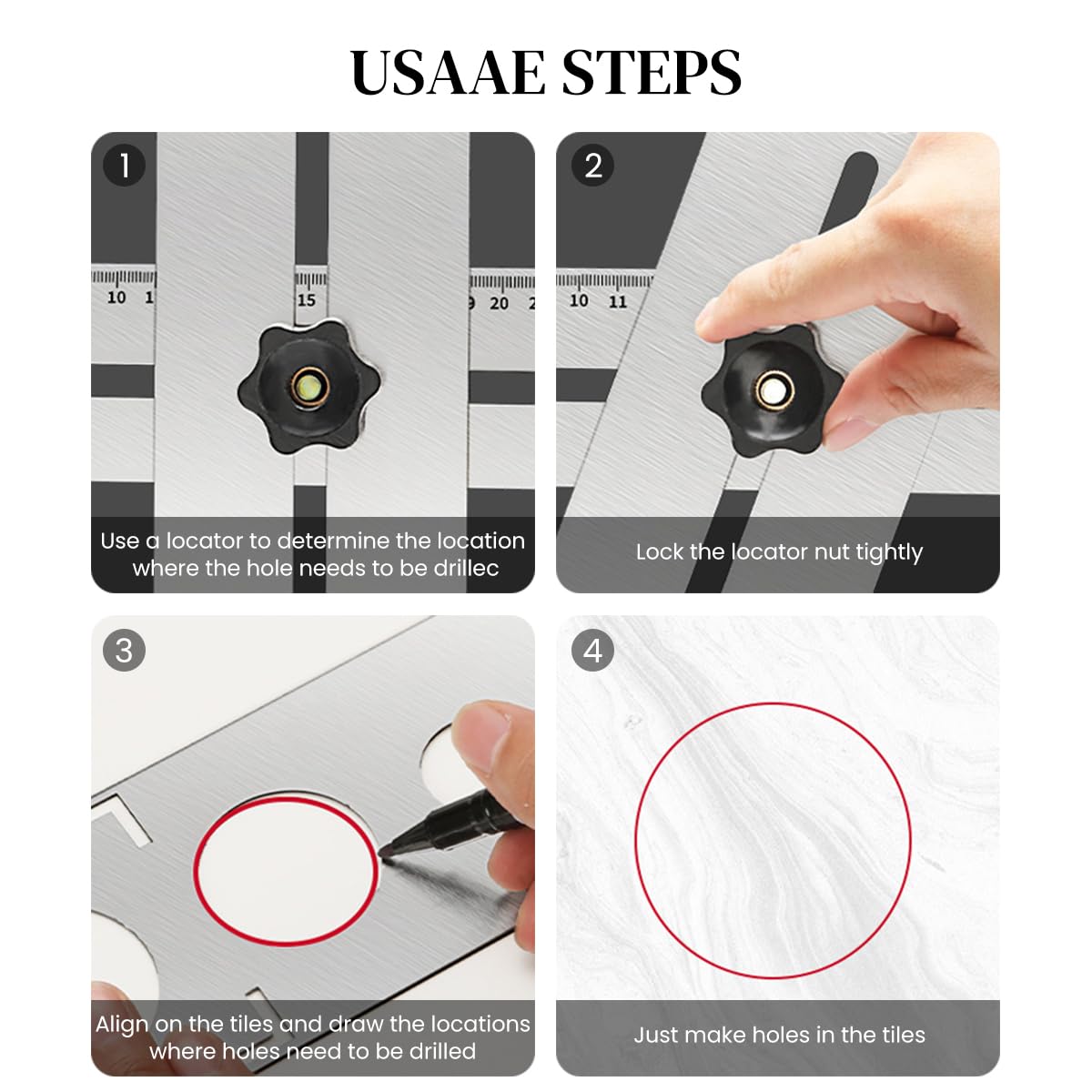 Serplex® Stainless Steel Ceramic Tile Hole Locator, Portable Drilling Hole Tools, Adjustable Measuring Tools Marble Punching Tool Tile Hole Locator, with 4 Hole Saw Drill Bits & 1 Nut