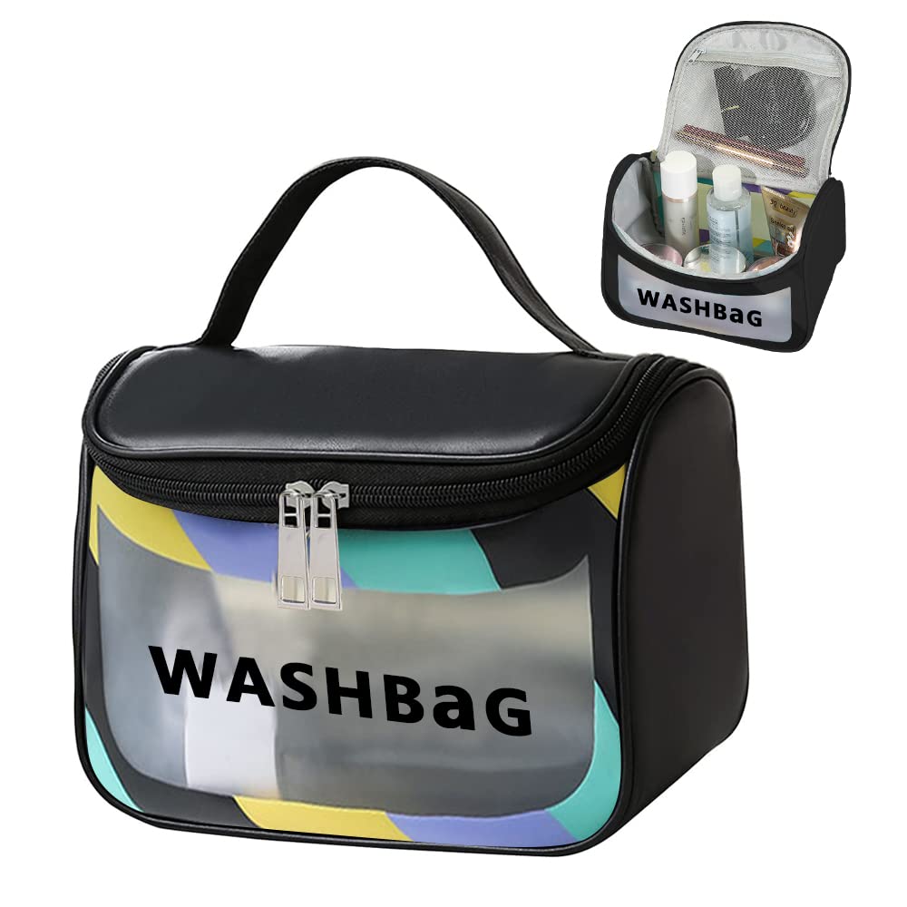 MAYCREATE Travel Cosmetic Bag for Home and Trip Use with Dual Zipper 22.5×16.5×15.2cm Waterproof PVC | Black Toiletry Organizer for Women