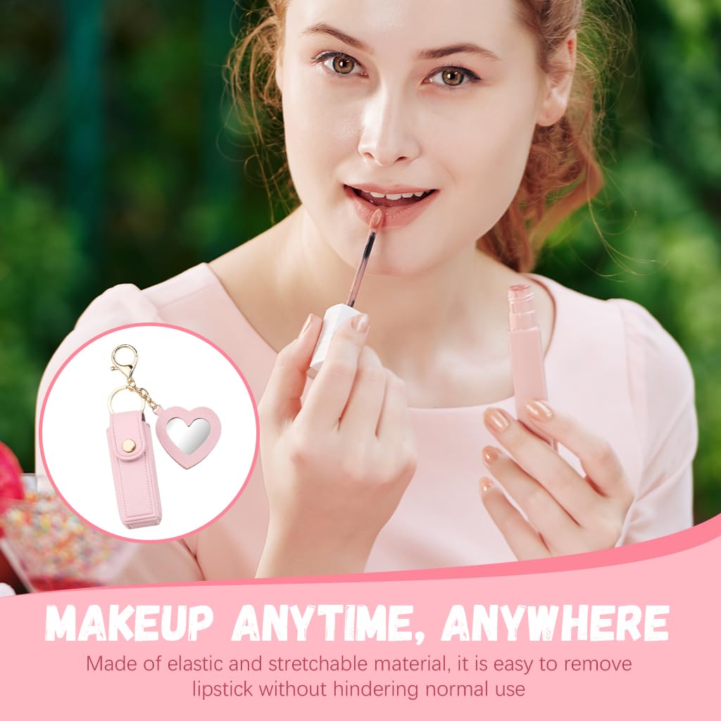 MAYCREATE Lipstick Holder Keychain for Travel with Heart Shape Mirror and Pink PU Case | Gift for Women