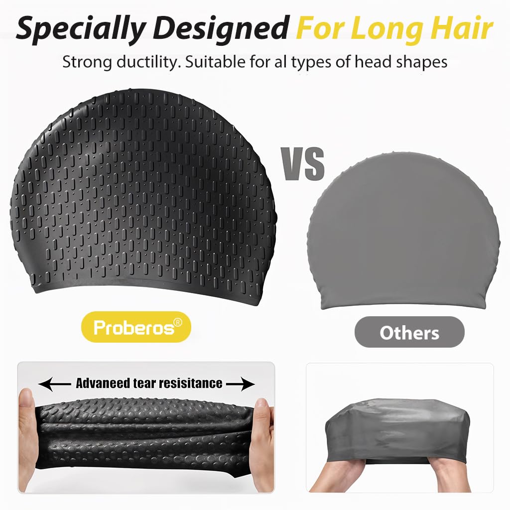 Proberos Swimming Cap for Men and Women with Silicone Fit for 55–60 cm Heads | Black Waterproof Hair Protection