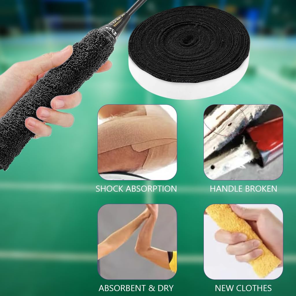 Proberos Badminton Towel Grip Tape for Rackets with 10 m Self-Adhesive Terry Cloth | Black