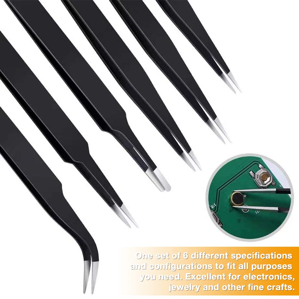 HASTHIP 6 Pcs Tweezers Set for Electronics and Craft, ESD Multi-purpose Tweezer Anti-Static Professional Tweezers for Precision Repairing DIY Craft Cloisonne Art Tweezer for Jewellery Making