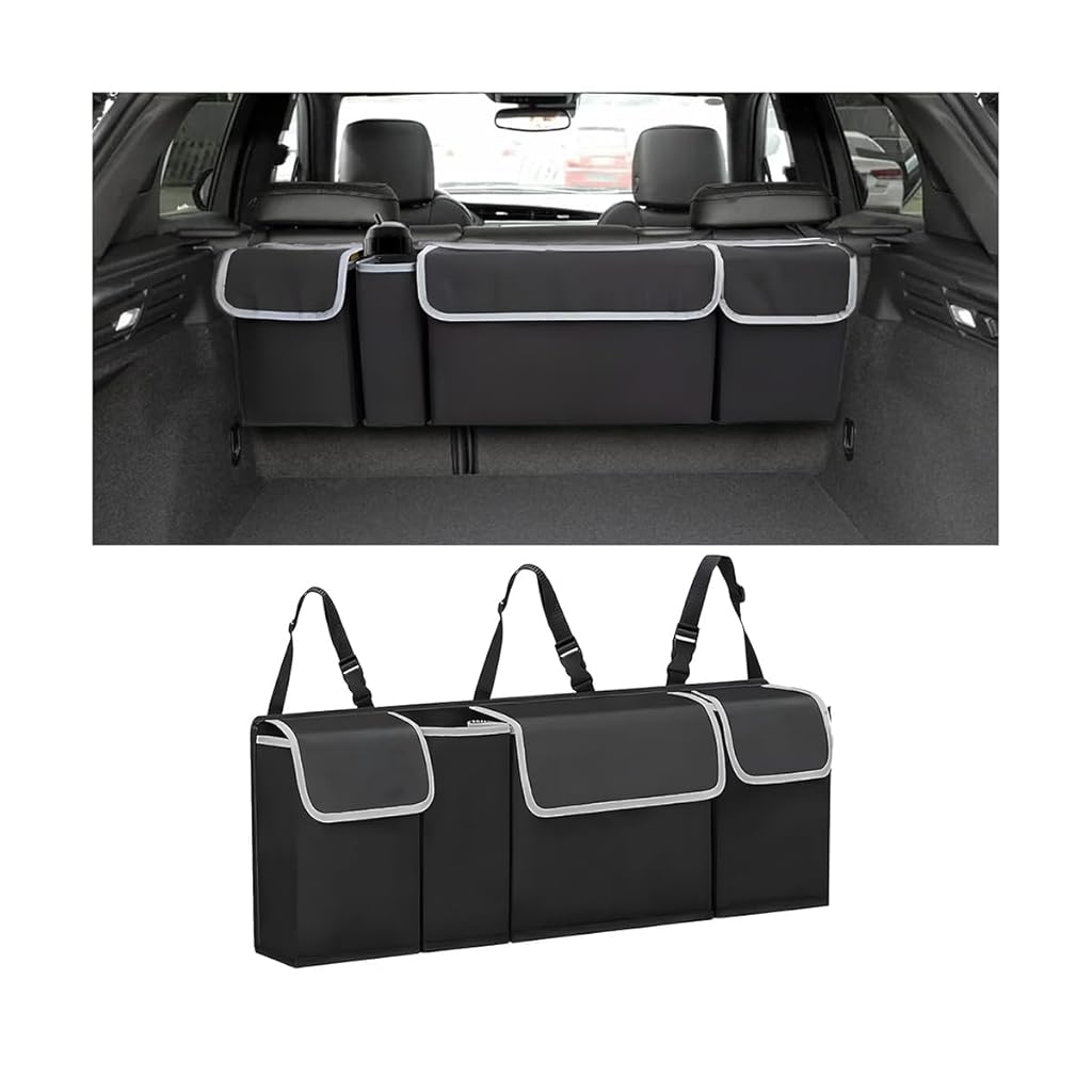 STHIRA® Car Trunk Organizer, Backseat Hanging Large Storage with Adjustable Straps, Waterproof Collapsible Cargo Bag with 4 Pockets, Sturdy Space Saver Frees Trunk Floor for SUV, Truck
