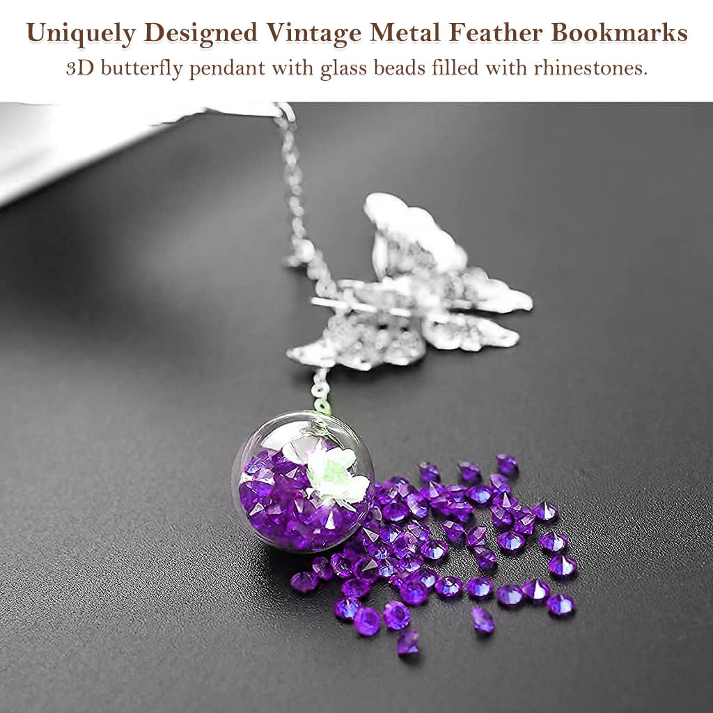 HASTHIP® Metal Feather Bookmark with Glass Beads Pendant, Vintage Feather Butterfly Bookmark for Reading Enthusiasts and Gifting, Bookmark Gift for Teachers Women (Silver Bookmark, Purple Flower)