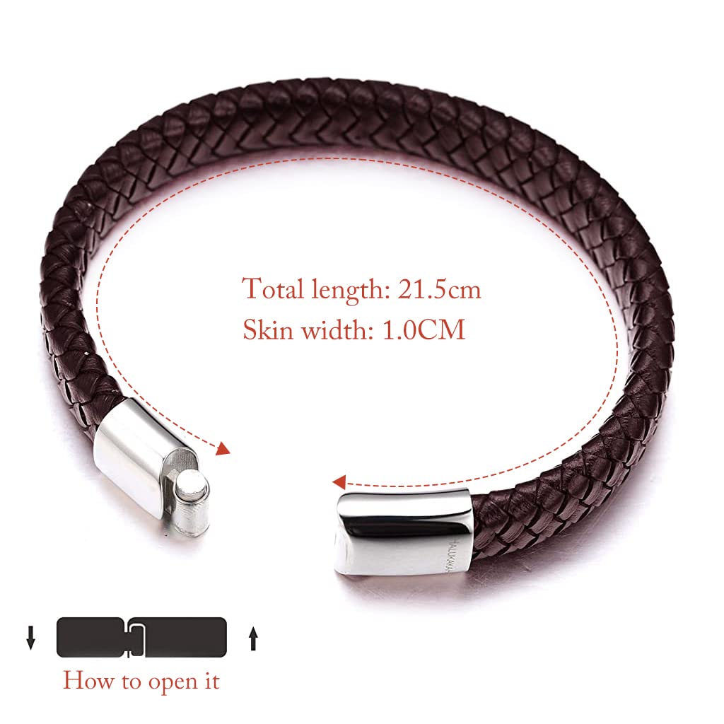 Zibuyu Bracelet for Men with Magnetic Clasp and Braided Genuine Leather 8.46 in Brown | 3 Pcs Set