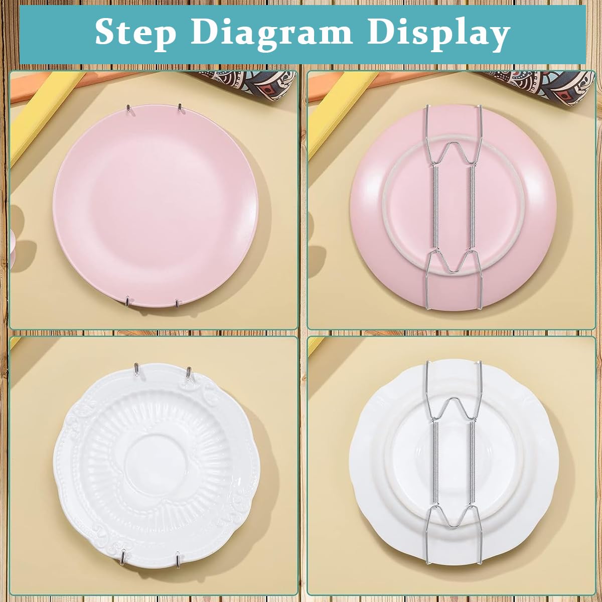 HASTHIP Invisible Wall Plate Hangers for Decorative Plates with 4 Claw Spring Hooks | 12Pcs Stainless Steel Silver Set for 6 8 10 Inch Plates