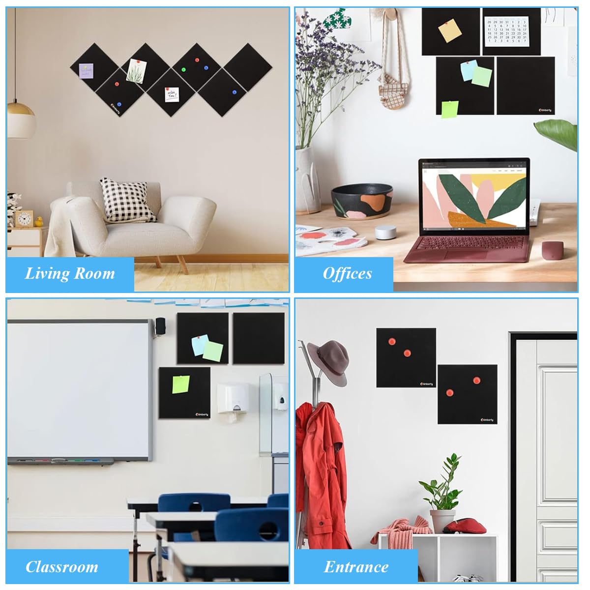 Climberty Felt Bulletin Board for Home with 6 Self Adhesive 30x30cm Panels and 50 Pins | Black