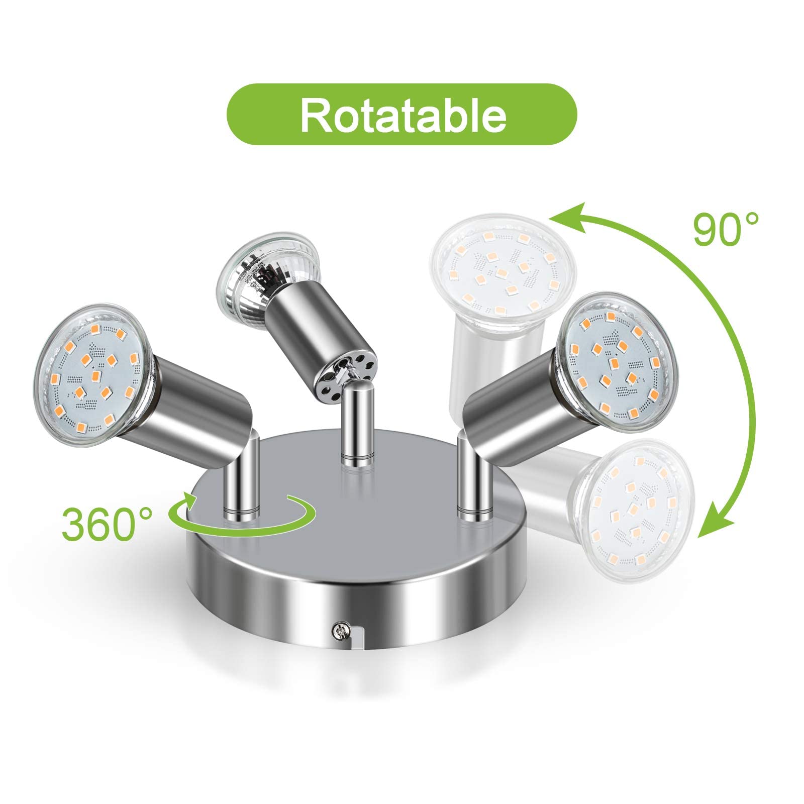 Verilux LED Ceiling Light for Kitchen and Living Room with 3 Rotatable Spots including 3 GU10 4W Bulbs | White Chrome Adjustable Round Plate