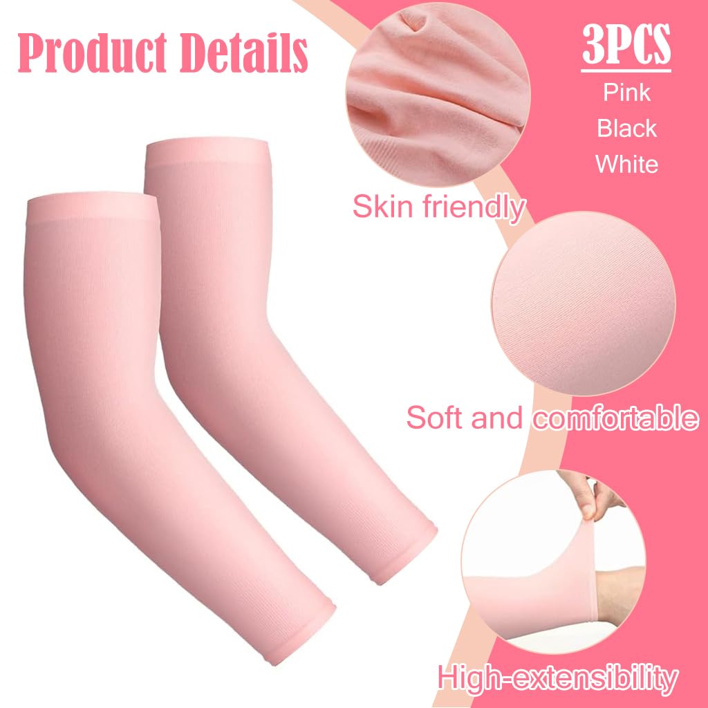 SNOWIE SOFT Kids UV Protection Arm Sleeves for Outdoor Sports with Anti Slip Ends | 3 Pairs 28.5 cm Stretch Fabric in Black White Pink