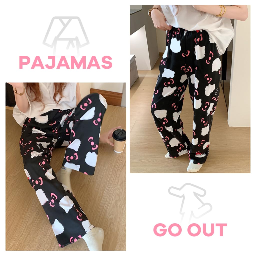 SANNIDHI Pyjama Pants for Women featuring Kawaii Cat Print with Elastic Waist 2XL Black | Soft Polyester Lounge Bottoms