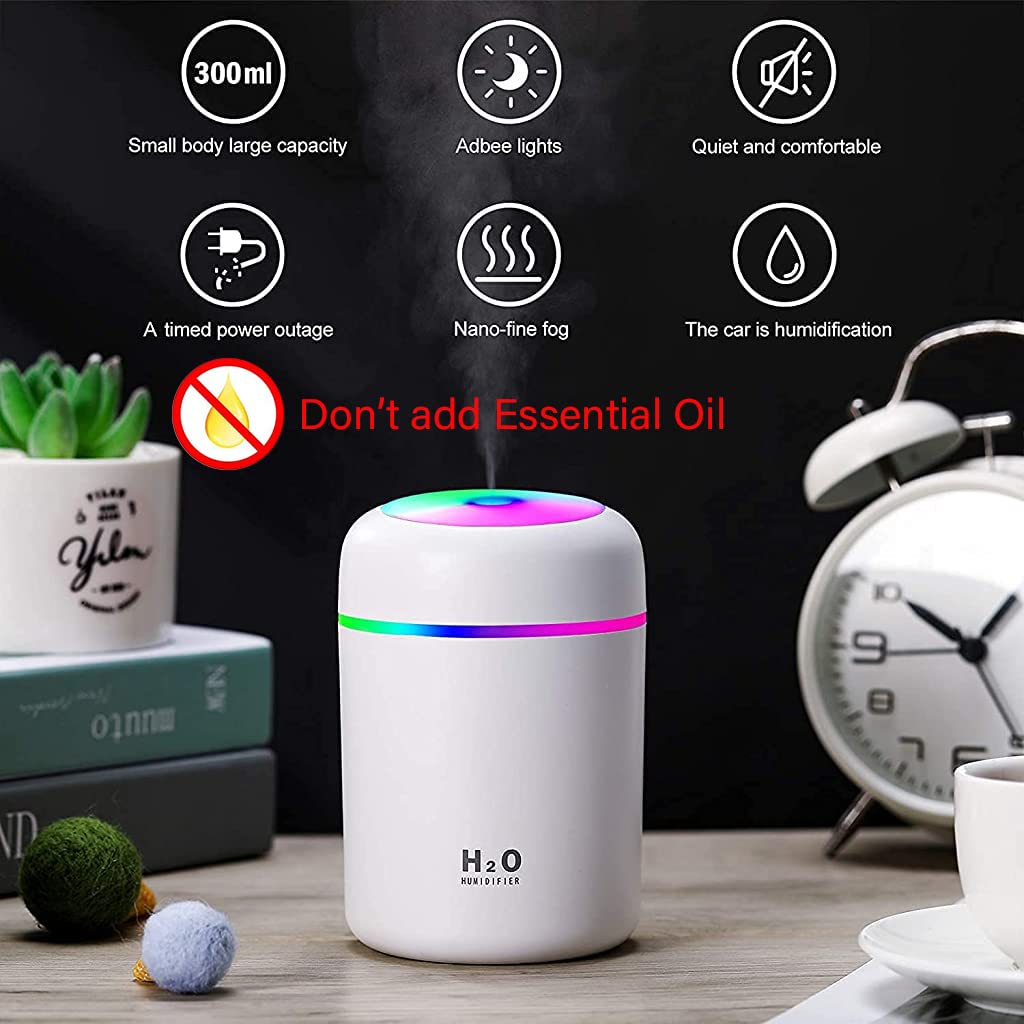 Supvox® 300mL Mini Silent Humidifier for Household Car Humidifier Desktop Humidifier with Atmosphere Light Car Office Room Bedroom Auto Shut-Off, 2 Spray Modes (White)