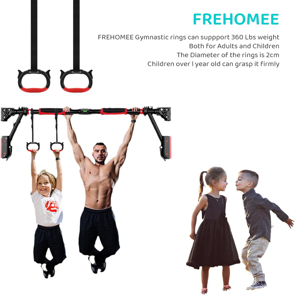 Proberos Kids Gymnastic Rings for Home Fitness with 95cm Adjustable Strap & Rubber Grip | 330lbs Load