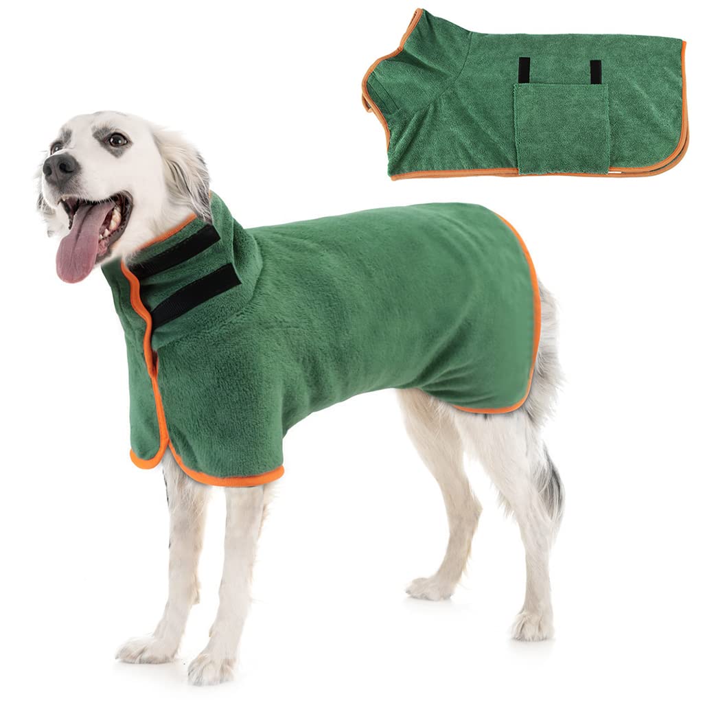 Qpets® Velcro Dog Bath Towel Microfiber Water Absorbent Dry Towel for Pet Quick Drying Dog Bathing Accessories Dog Bathrobe Towel Soft Drying Coat for Cat Dog(Green, Size L)