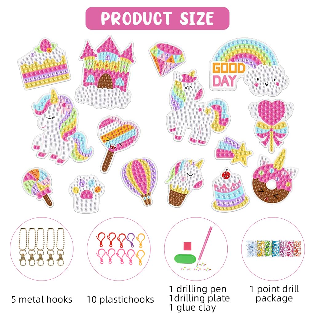 Zibuyu 5D Unicorn Diamond Painting Keychain Kit for DIY Crafts with 15 Pcs Gems | Fun Gift for Kids