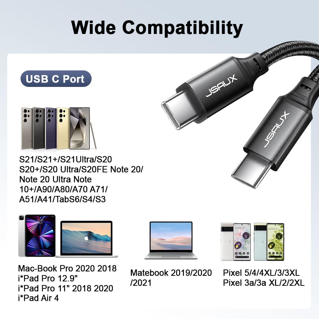 JSAUX Type C Cable for Fast Charging with 100W 5A Power and 6.6ft Nylon Braided Design | 480Mbps Data Transfer