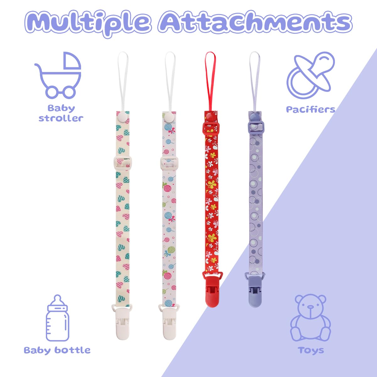 SNOWIE SOFT Baby Pacifier Holder Straps for Secure Use with Clip and Loop | Adjustable 10.8–17 in Polyester Pack