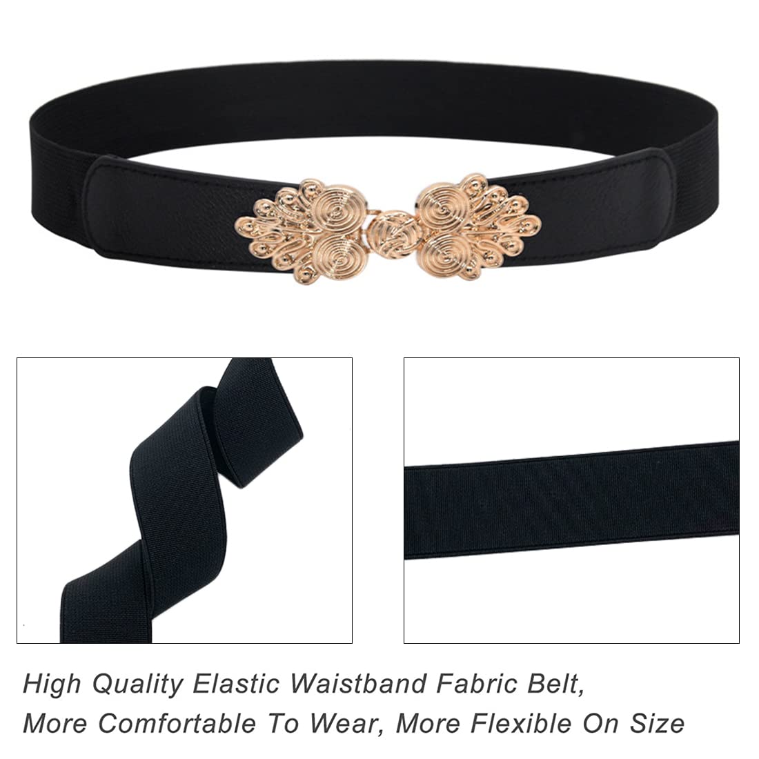 Zibuyu Waist Belts for Women featuring Golden Leaf Buckle and 23.6–31.4 in Stretch Fit | Black