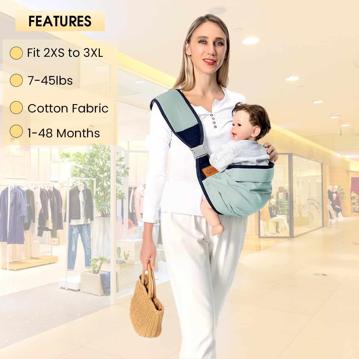 SNOWIE SOFT Baby Carrier Bag for 0 to 3 Year Use with Adjustable Straps 45lb Capacity | Breathable Cotton Green Sling