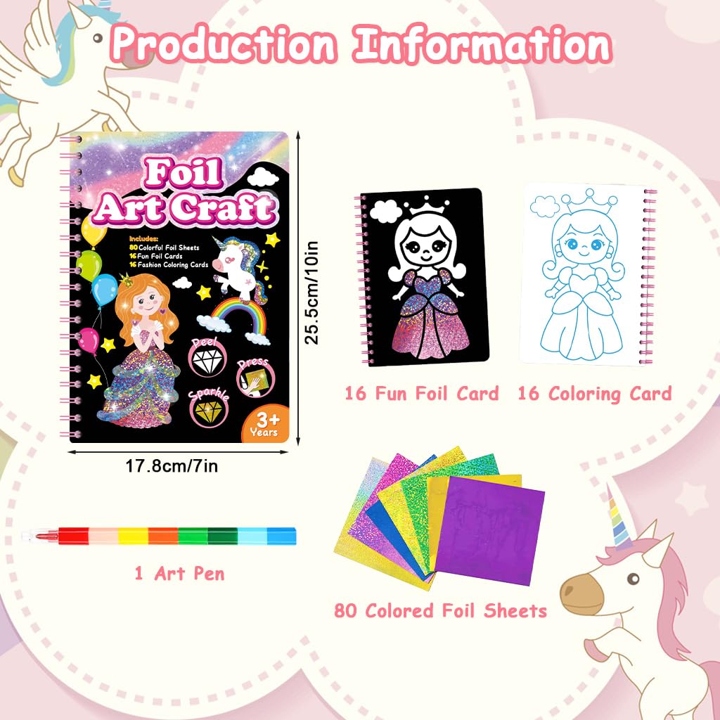 PATPAT DIY Foil Art Coloring Book for Kids with 16 Cartoon Patterns and 80 Glitter Foil Papers | Includes Scratching Stick and 8 Color Pen