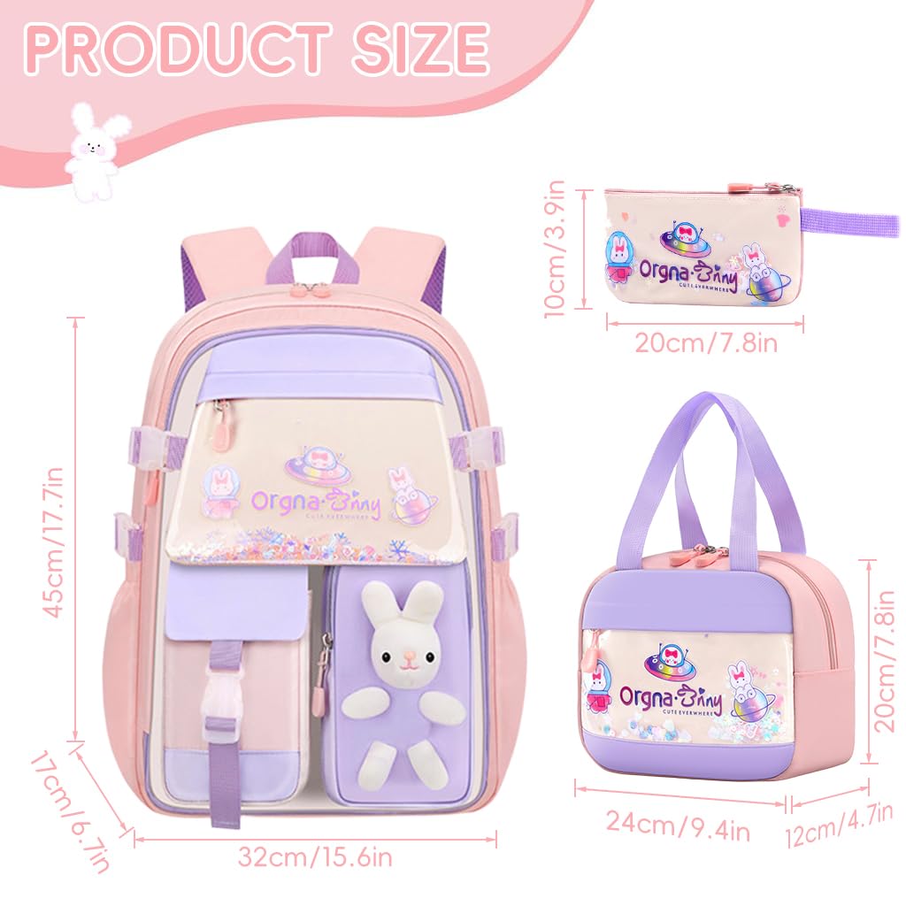 PALAY School Bag for Girls with Lunch Box and Pencil Case Set | Waterproof Pink Bunny Design