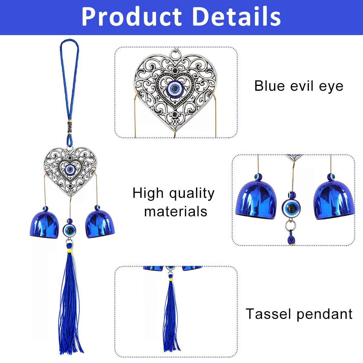 HASTHIP Door Hanging Bell for Home Decor featuring Dual Bells and Hollow Heart Evil Eye Charm