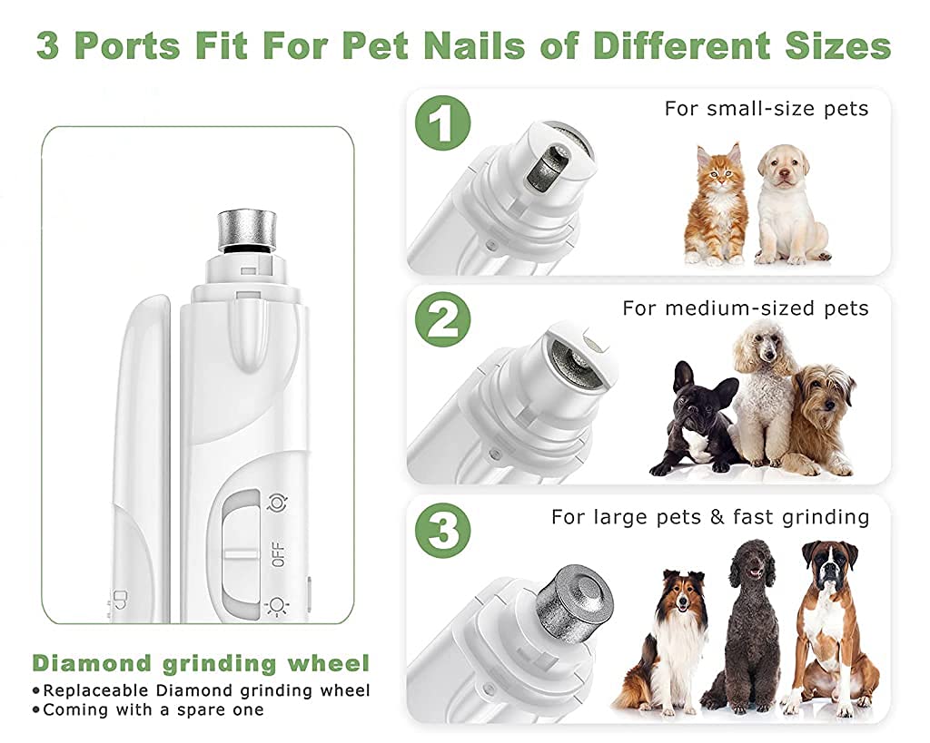 Qpets Electric Pet Grooming Kit with 2 LED Lights and 3 Grinder Ports | Low Noise USB Rechargeable Trimmer for Dogs and Cats