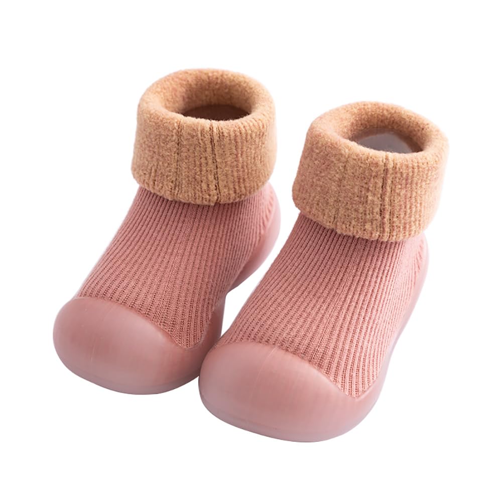 SNOWIE SOFT® Winter Baby Toddler Sock-Shoes, Warm Plush Liner Ribbed Floor Socks Anti-skid Rubber Sole, Toddler Winter Crew Socks Grip Socks for Toddlers UK 1.5-2.5 Size, Inner Length 11.5cm, Pink