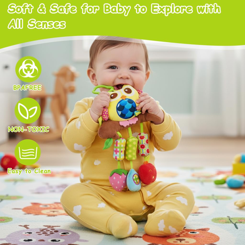 SNOWIE SOFT Baby Hanging Plush Owl Toy for Cribs and Strollers with Rattles | Soft Sensory Play