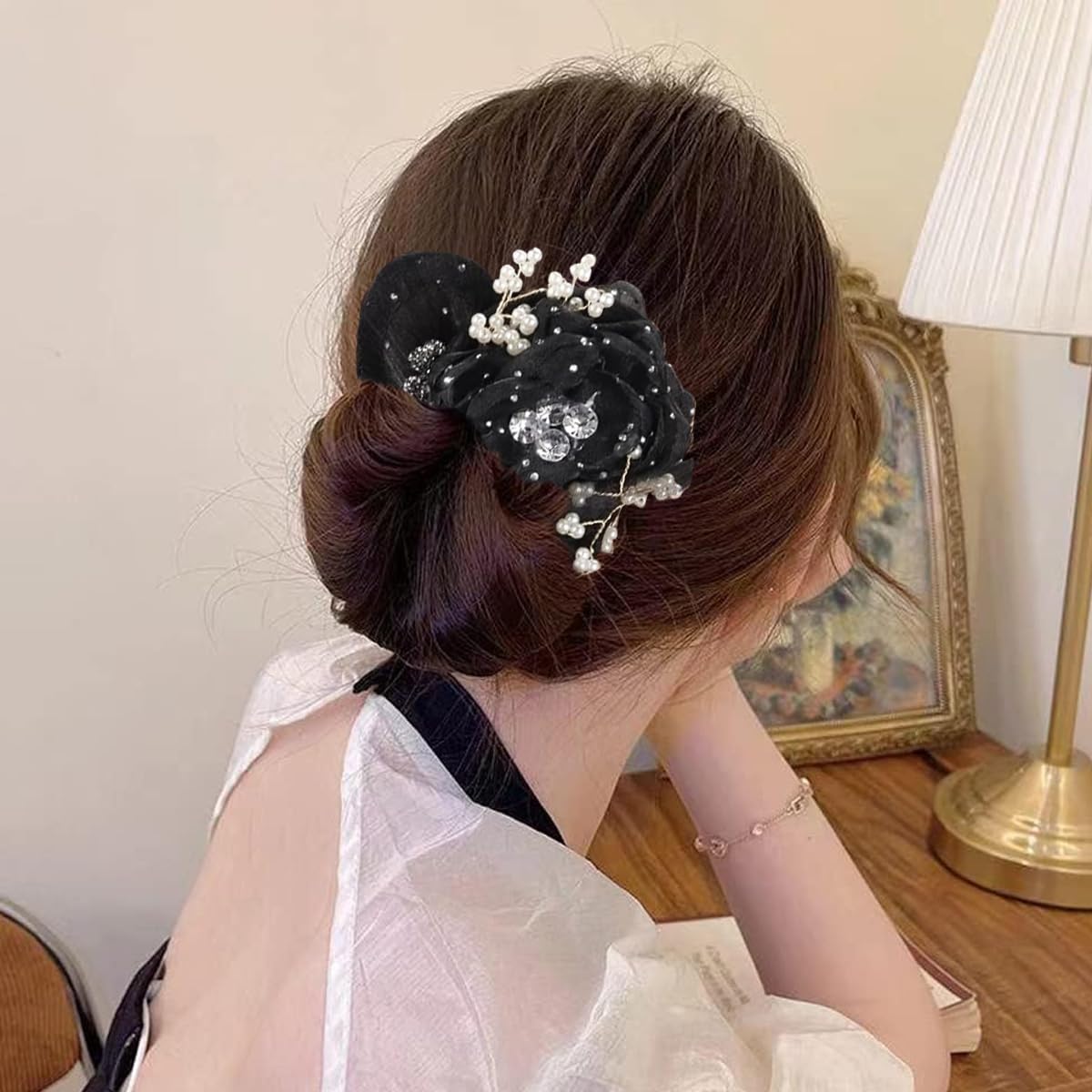 PALAY Hair Buns for Women for Elegant Chignon Styling with Floral Mesh and Pearl Details | Green