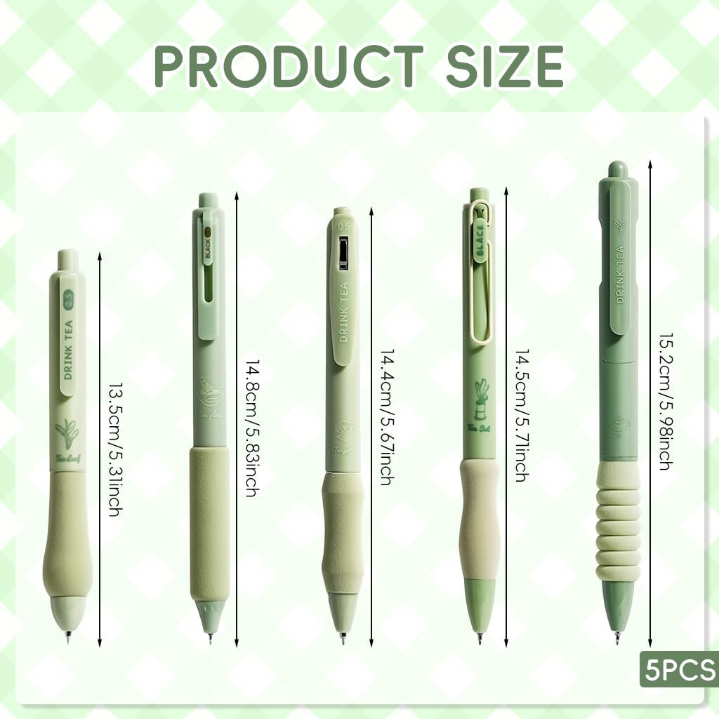Zibuyu Click Pens for Students with Foam Grips and Quick Dry Ink | 5Pcs Green Set