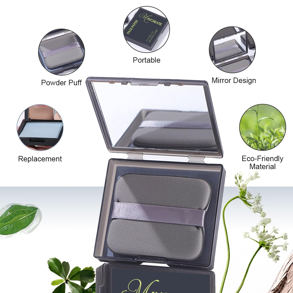 MAYCREATE Face Blotting Paper for Oily Skin with Mirror and Puff, 300 Sheets | Natural Linen