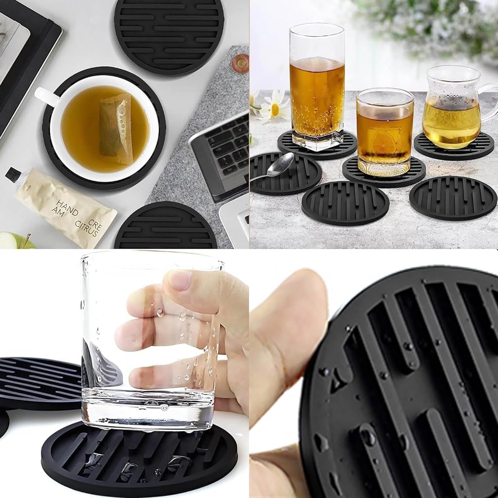 ZIBUYU Cup Coasters for Drinks featuring Water Catching Grooves 3.93 in Silicone Set | Black 4 Pcs