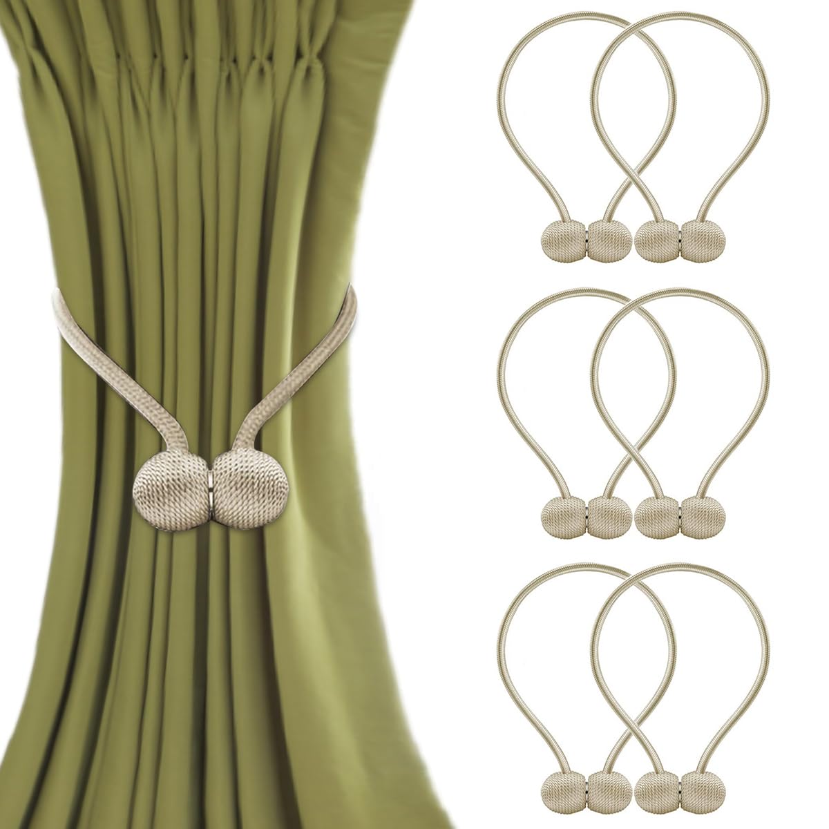 HASTHIP Magnetic Curtain Tiebacks for Home and Office with 40cm Rope and 3.3cm Balls | Strong Anti Rust Magnets