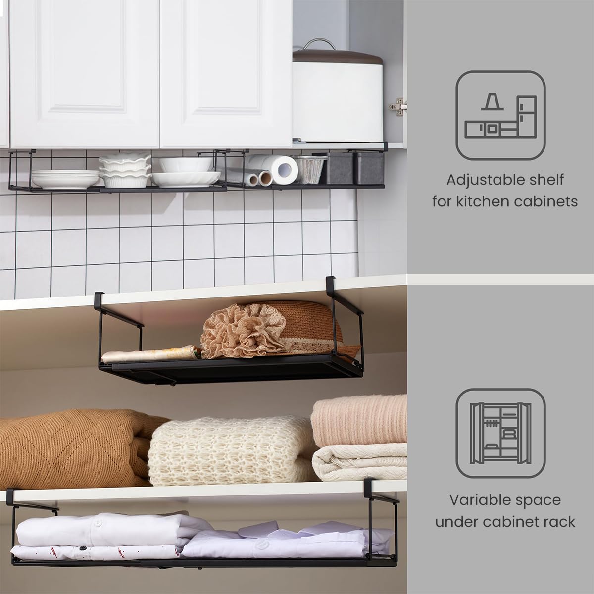 HASTHIP Retractable Under Cabinet Shelf for Kitchen Storage with Slide Hanging Design 38–70cm Metal Rack 3PCS