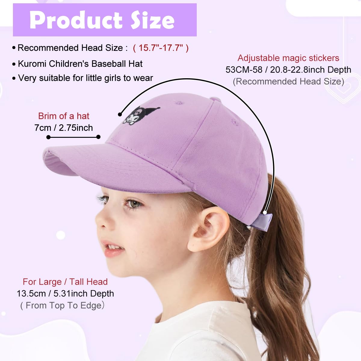 SNOWIE SOFT® Hat for Girls Cute Kuromi Sun Cap for Girls Kids Cartoon Embroidery Cap Breathable Cotton Sport Cap Wide Brim Sun Cap 48-54cm Adjustable Head Size Gift for Girls 2-8 Years Old