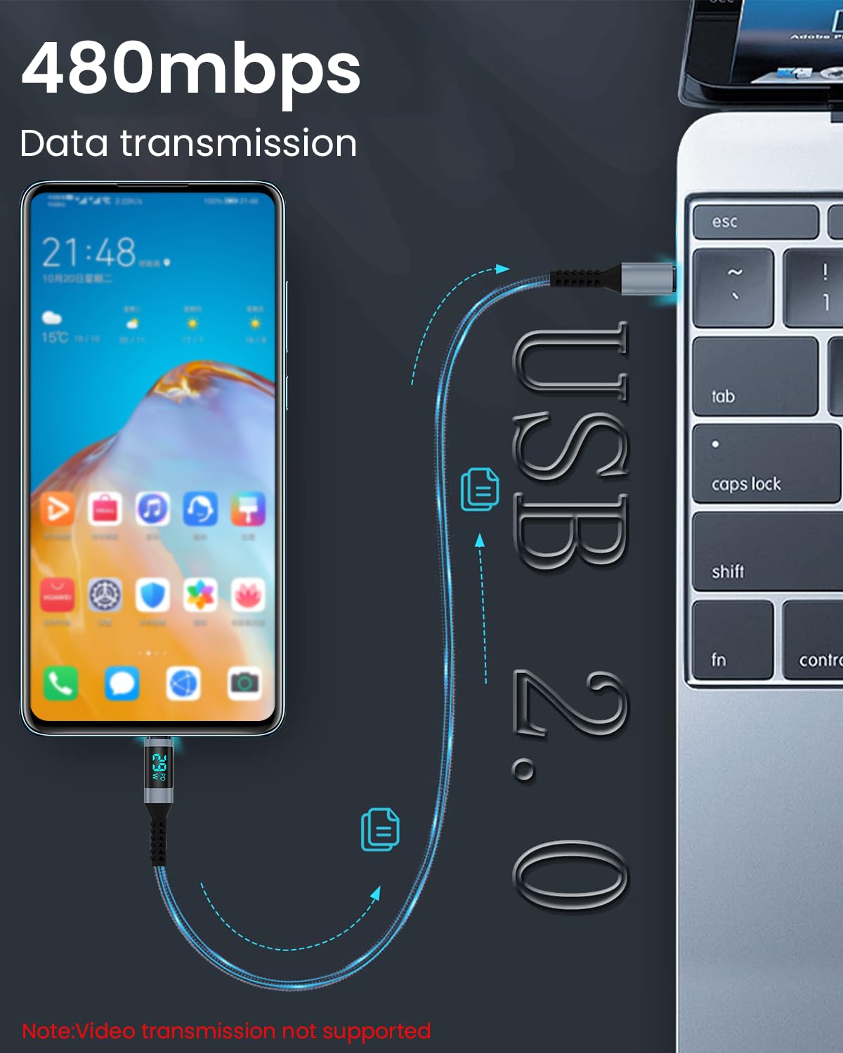 ZEITEL USB-C to USB-C Cable for Fast Charging with LCD Display and 100W Power | 3.9ft Nylon Braided