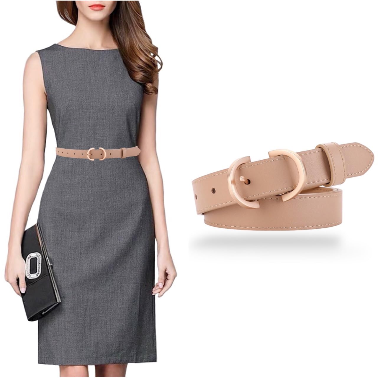 SANNIDHI® Women's Belt Soft Leather Belts Waist Belt Solid Color Gold Buckle Waistband For Pants, Jeans & Dress-Khaki