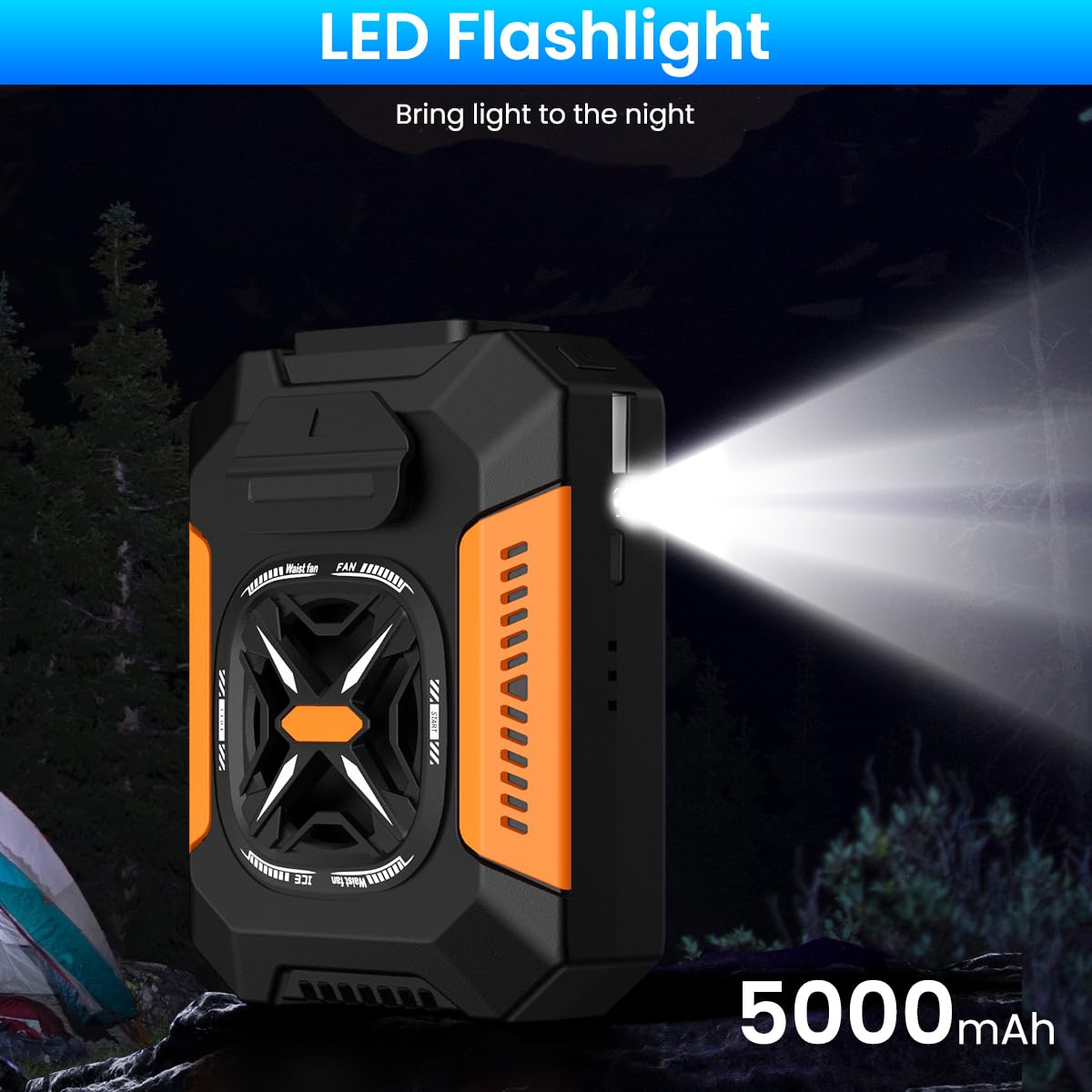 Verilux Waist Belt Fan for Outdoor Activities with 5000mAh USB Rechargeable Battery and LED Flashlight