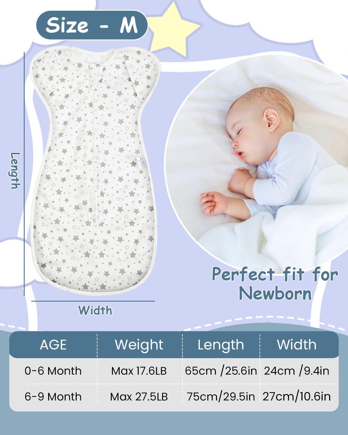 SNOWIE SOFT Baby Swaddles for Newborns, 100% Cotton Baby Swaddle Wrap for Newborns Arms Up Baby Sleeping Blanket Zipping Baby Sleeping Bag Newborn Sleep Sacks for Startle Reflex for Baby 0-6 Months