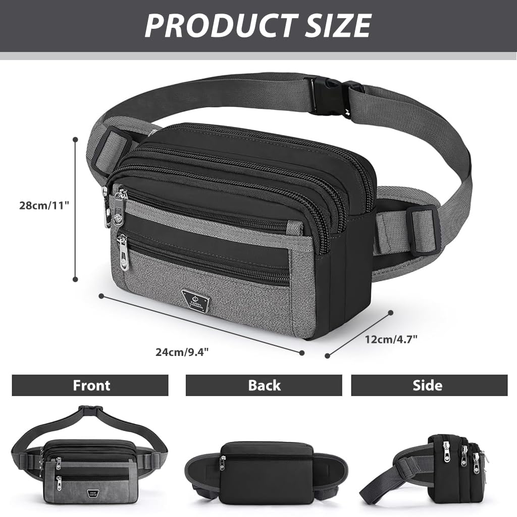 GUSTAVE® Men's Waist Bag Chest Bag Crossbody Chest Bag with 6 Zipper Pouches Large Men's Waist Bag Adjustable Waist Belt Waterproof Nylon Lightweight Phone Waist Bag, 24x3x15cm