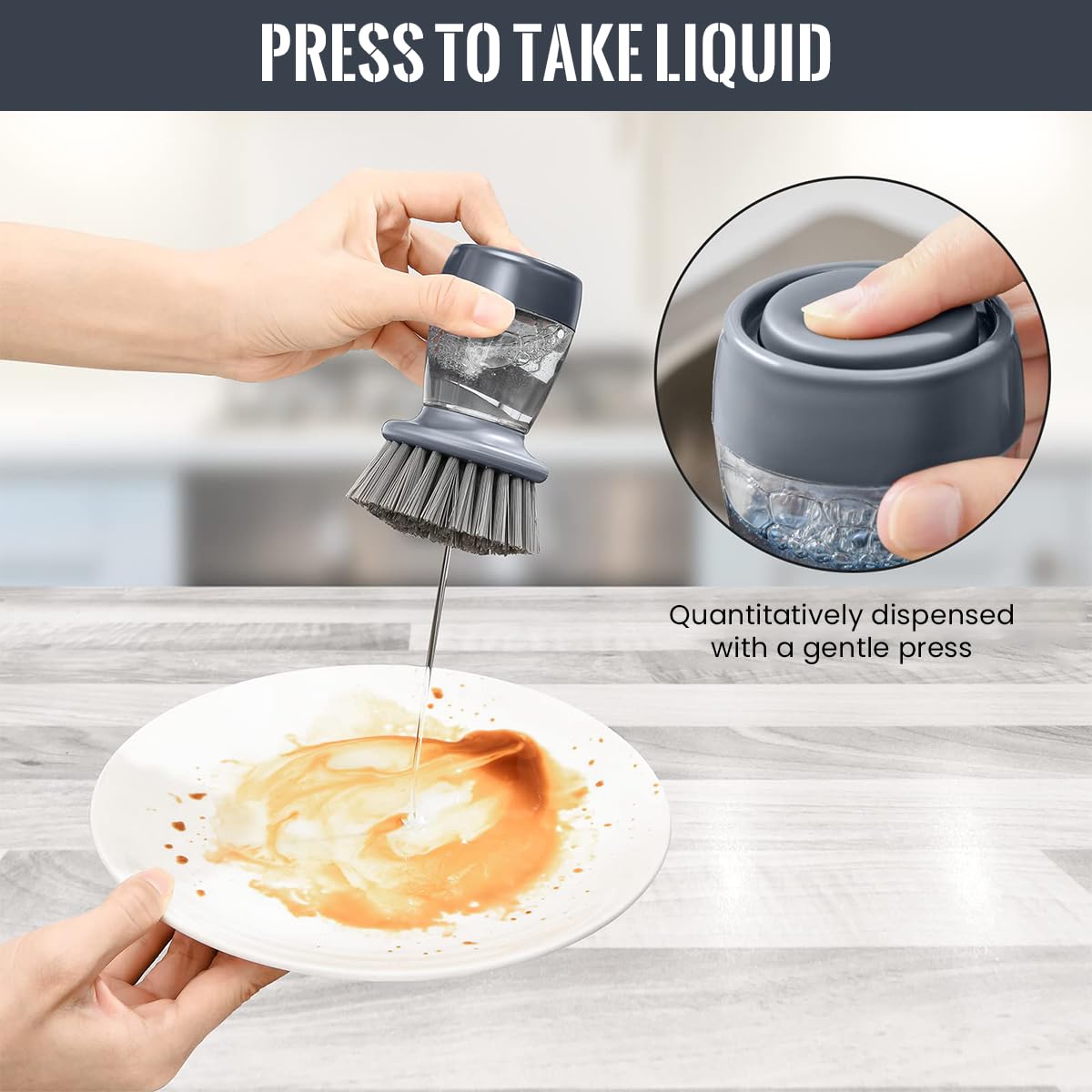 ZIBUYU Kitchen Pot Brush with Refillable Soap Dispenser and Drip Stand for Dishwashing