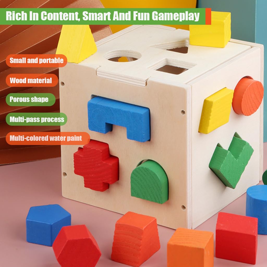 PATPAT Montessori Toy for Kids with 15 Colorful Shapes and Open Lid Wooden Cube | Fine Motor Skill Gift for Ages 2–5