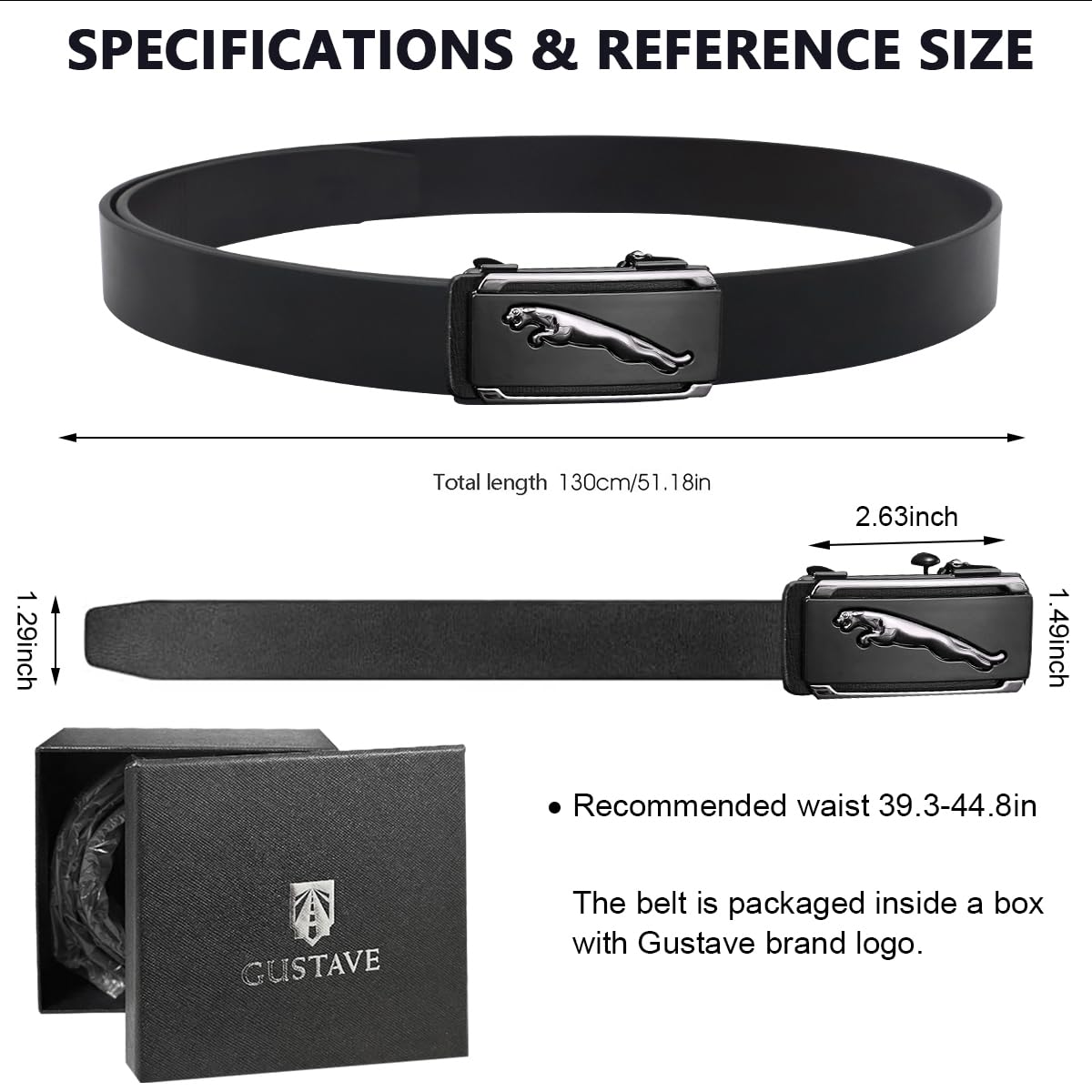 GUSTAVE  Fashion Mens Belt Slide Ratchet Belt for Men Leather Waist Belt Casual Buckle Belt for Men Dress Pant Shirt Jeans Belt with Click Buckle, Adjustable Trim to Fit (130cm)