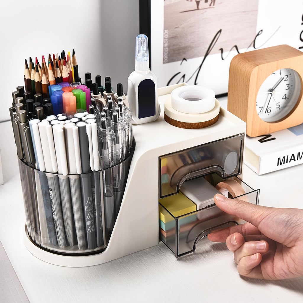 Zibuyu Study Table Organizer for Home and Office with 360° Rotating Compartments | White Desk Storage Box