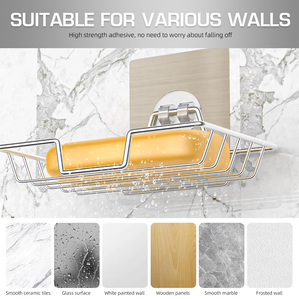 ZIBUYU Soap Holder for Bathroom with Self Draining Tray 14×9×2.3cm Stainless Steel | No Drill Wall Mount