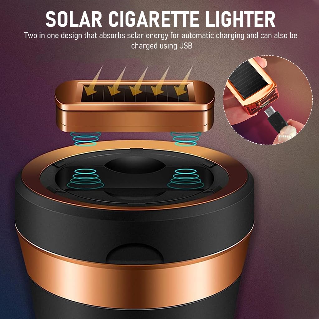 STHIRA® Car Ashtray, LED Car Ashtray with Electronic Cigarette Lighter Solar Powered/USB Rechargeable Car Ashtray with Flameless Lighter Car Ashtray Cup for Most Car Cup Holder Home Office, Black