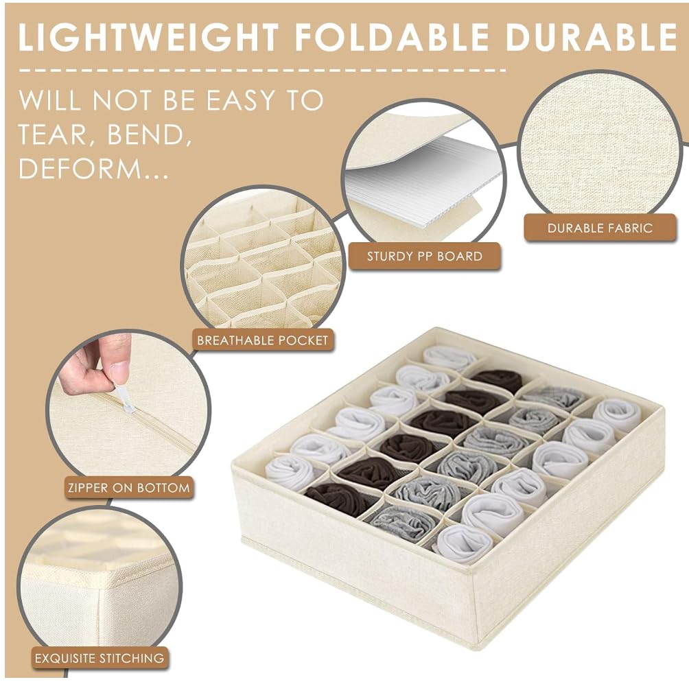 Zibuyu Undergarments Organizer 3PC Set for Women with 33 Slots and Foldable Cotton Jute Design