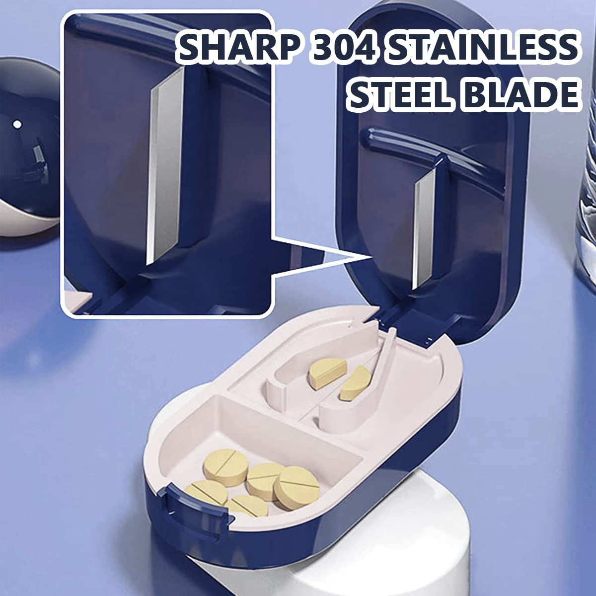 HANNEA Pill Cutter for Tablets and Vitamins with Stainless Steel Blade Blue 3 PCS | Portable 2-in-1 Organizer Case