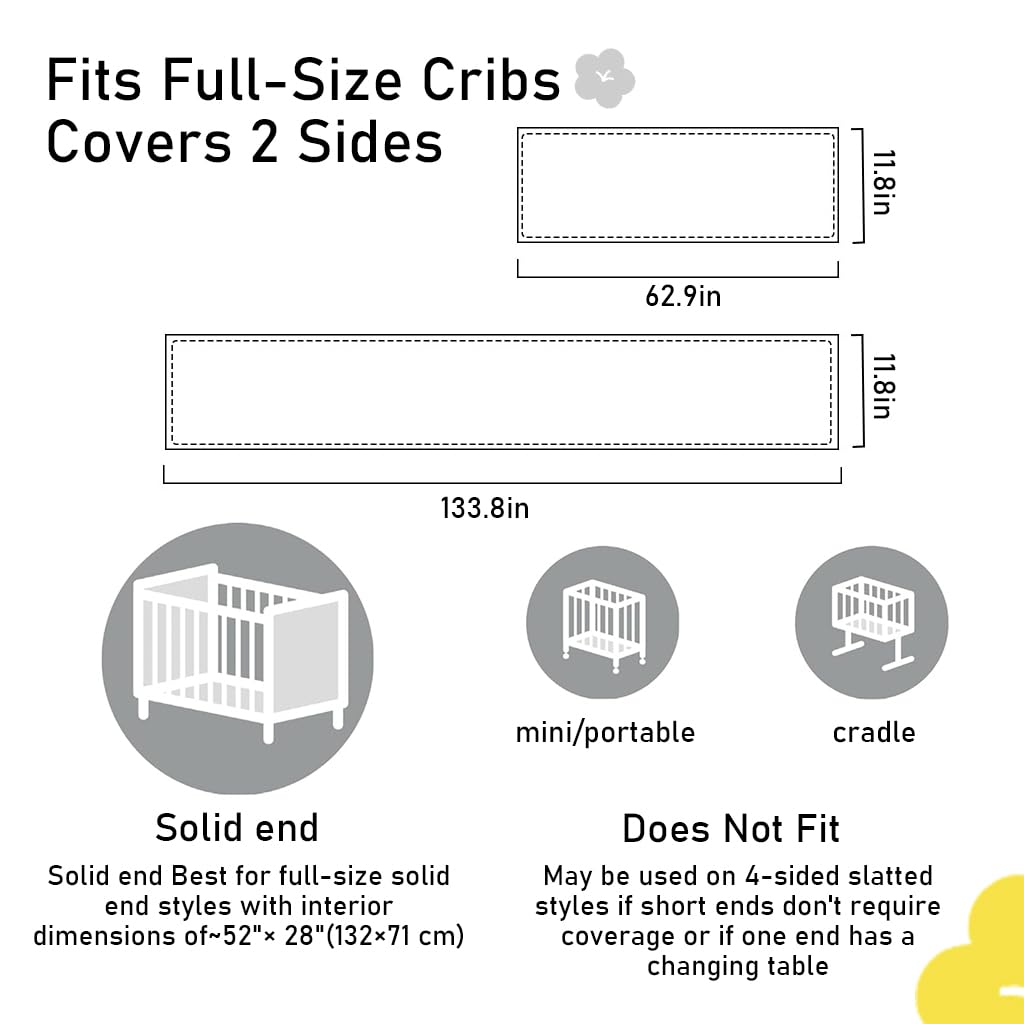 SNOWIE SOFT Breathable Mesh Crib Liner 62×11.8 in for Baby Cribs with Cuttable Fabric Fence | Easy Detachable Design